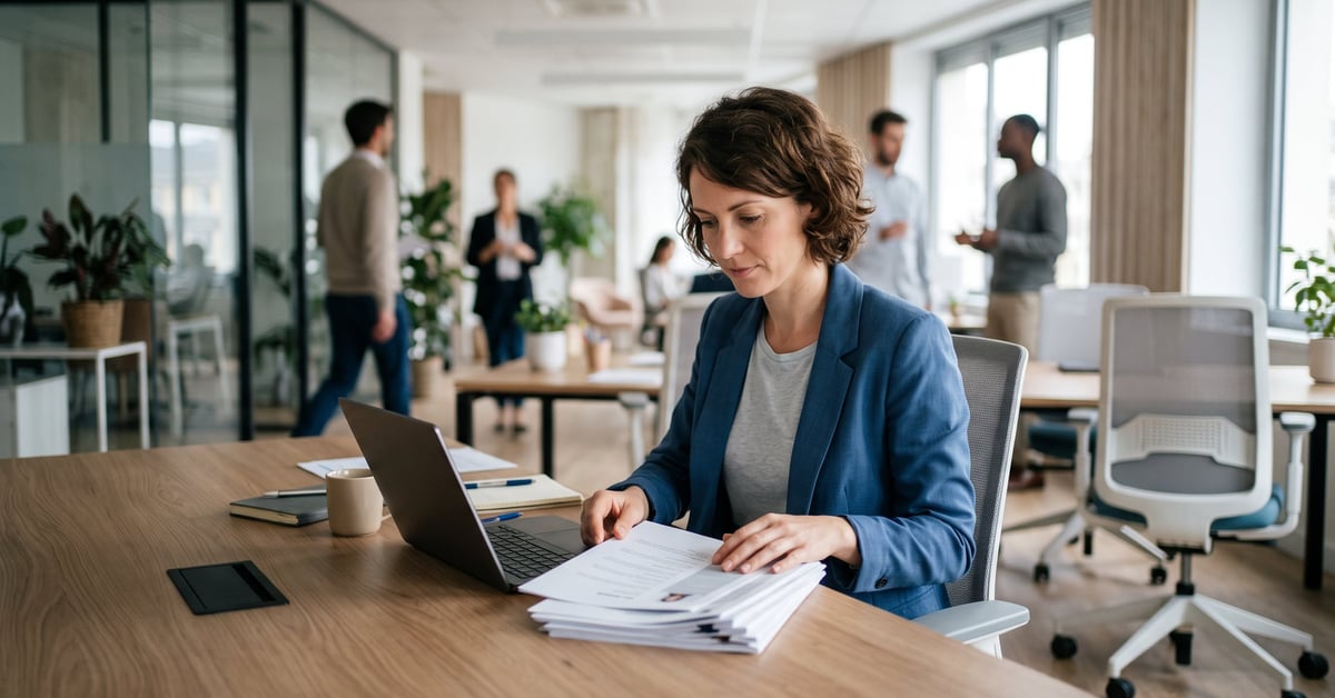 Assistant ressources humaines travaillant sur des dossiers RH dans un bureau moderne