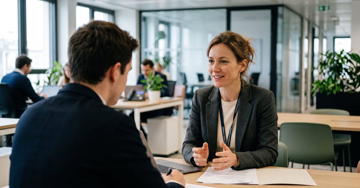 Professionnelle RH en entretien d'embauche dans un bureau moderne — emploi ressources humaines