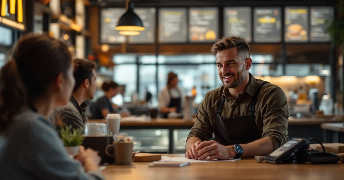Employé McDonald's en uniforme travaillant en restaurant, illustration du recrutement McDonald's