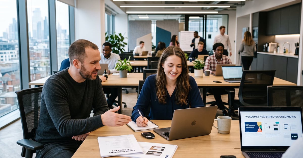 Onboarding : intégration d'un nouveau collaborateur accueilli par son équipe en entreprise