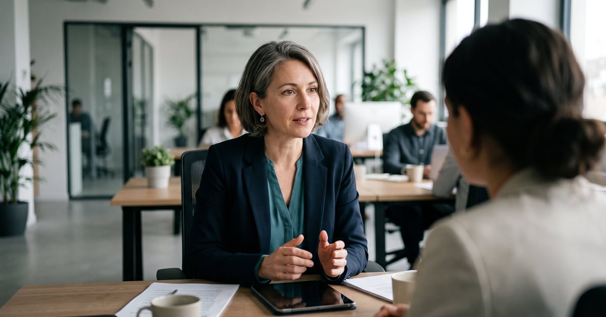 Responsable ressources humaines en réunion dans un bureau moderne, incarnant le management RH