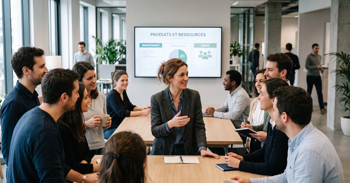 Équipe en réunion discutant de la communication interne en entreprise