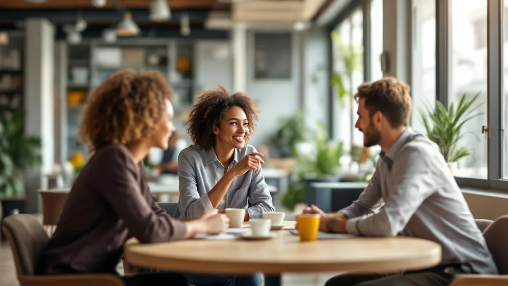 Trois collègues discutent autour d'une table lors d'une pause au bureau